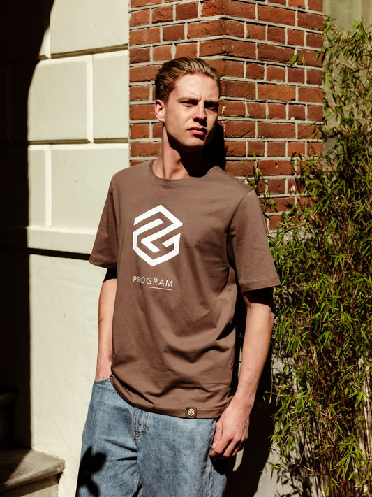 guy wearing brown program t-shirt