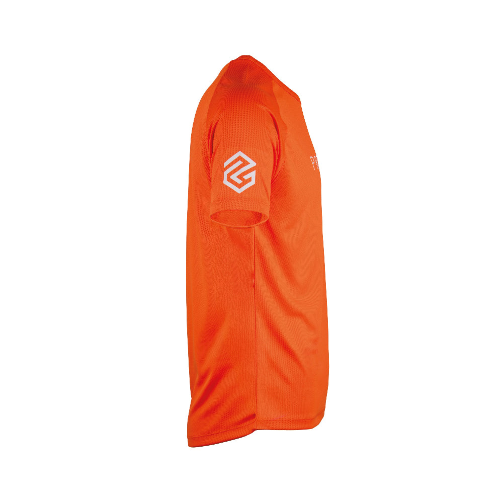 Orange t-shirt side view logo