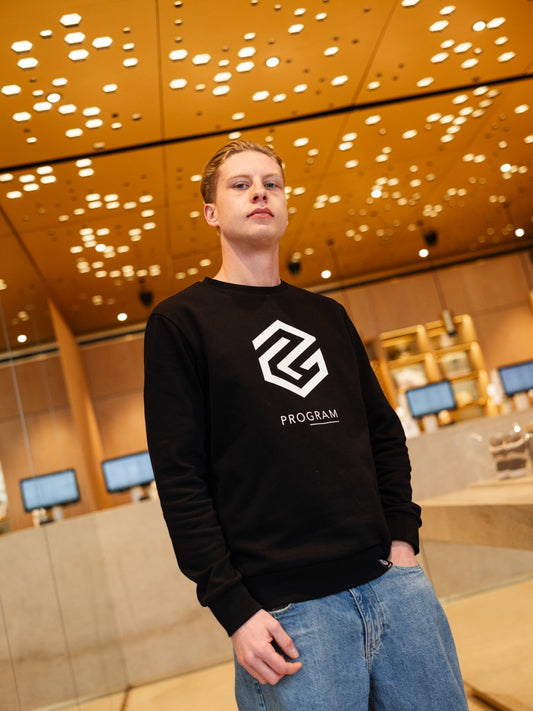 guy wearing black program crewneck sweater