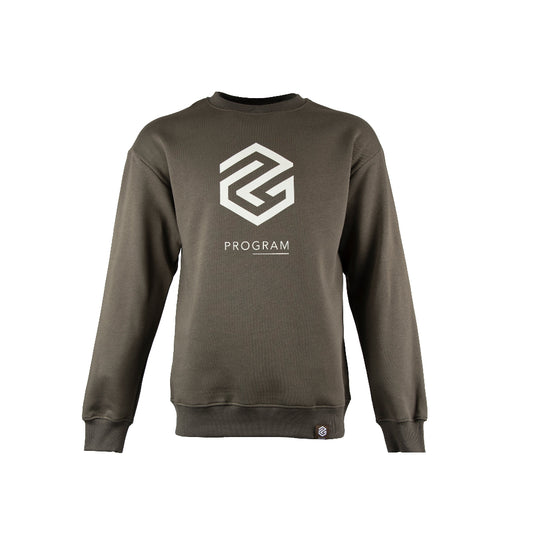 Olive green crewneck sweater with program logo