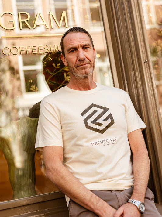guy wearing off-white program t-shirt